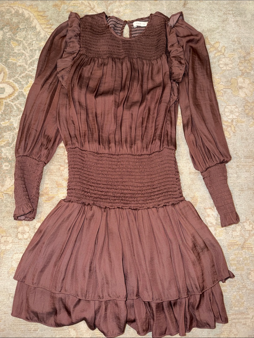 Mustard Seed Brown Ruffled Long-Sleeve Smocked Waist Dress